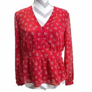 Madewell Floral Print Peplum Blouse‎ Top Red Long Sleeve V Neck Button Front M